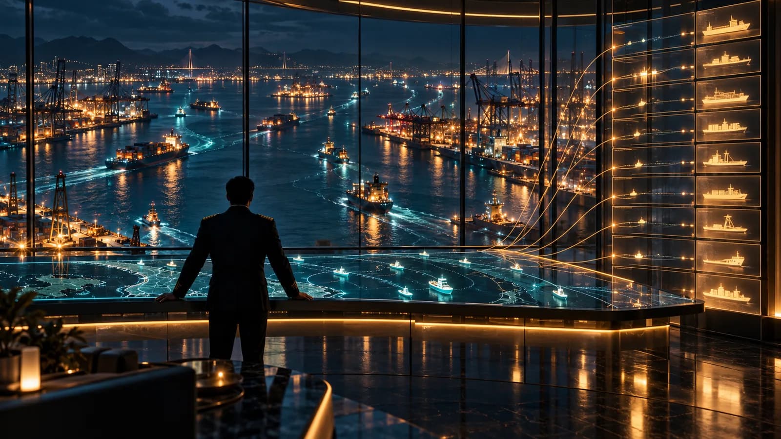 Port control room at night with a man in a suit seen from behind leaning on an illuminated console, facing a busy harbor and a panel of ships in amber light