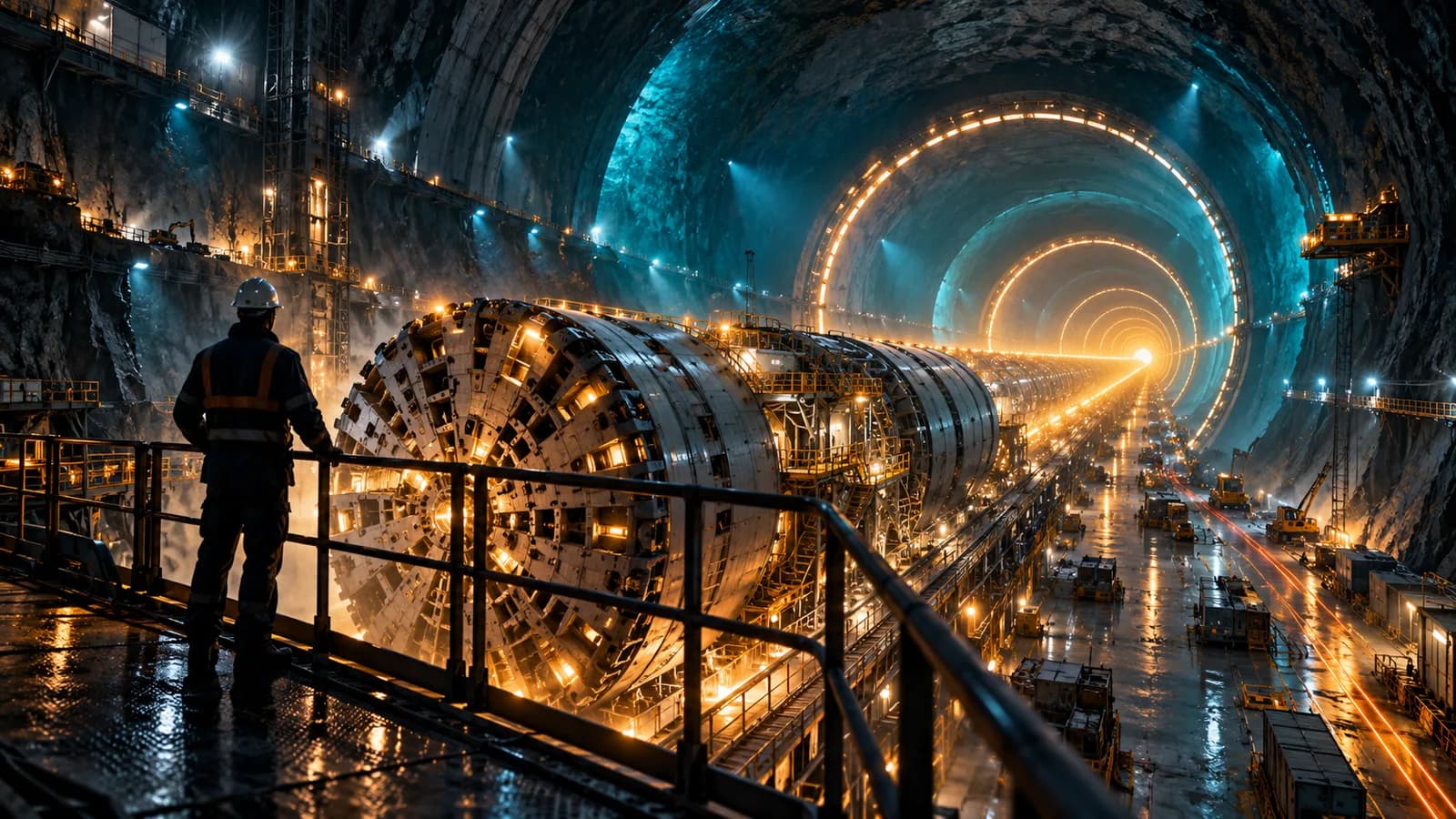Escavação de túnel na montanha à noite, com uma tuneladora gigante iluminada em âmbar e anéis de luz se estendendo ao fundo em tons de teal, enquanto um engenheiro de capacete observa de costas apoiado no guarda-corpo