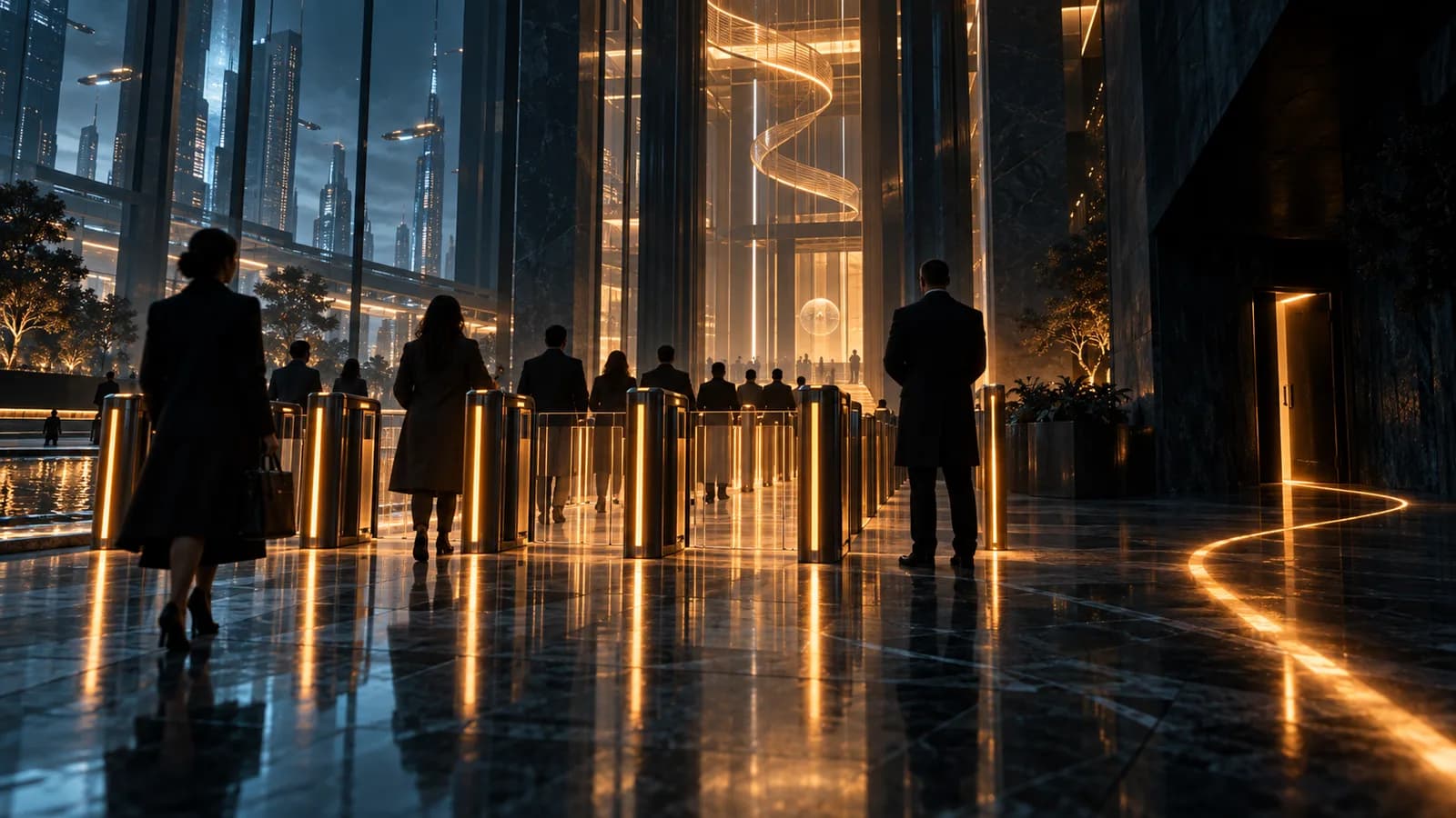 Corporate lobby at night with a line of people passing through lit turnstiles, while a line of amber light on the floor veers off toward a half-open side door