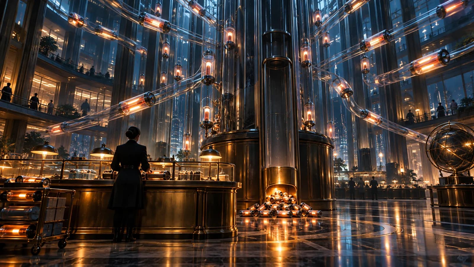 Gran salón de noche con tubos de vidrio que transportan cilindros luminosos entre las columnas, y una mujer de espaldas en un mostrador mientras piezas brillantes se acumulan al pie de una columna