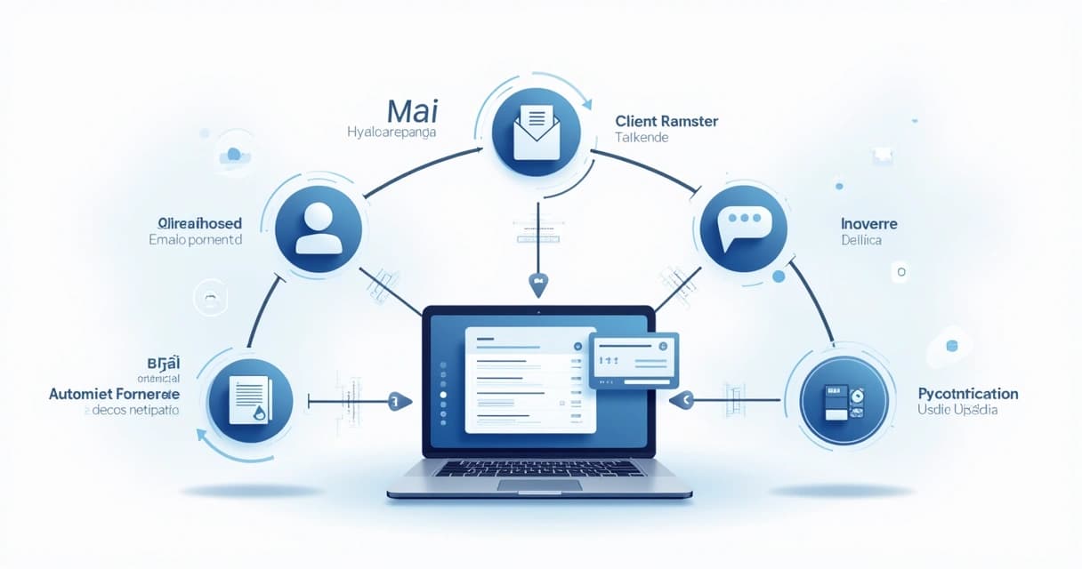 Ilustração de um fluxo de cobrança com notebook ao centro conectado a ícones de e-mail, cliente, mensagens, documentos e cartão de pagamento