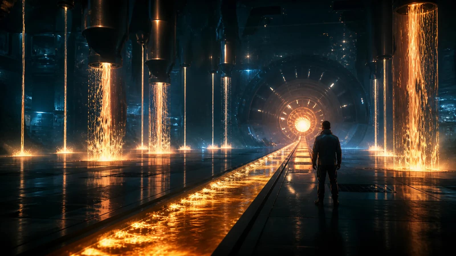Corredor industrial à noite com jatos de luz âmbar despejando de funis suspensos e escorrendo pelo piso, enquanto uma calha luminosa segue até uma abertura circular ao fundo e um profissional observa de costas