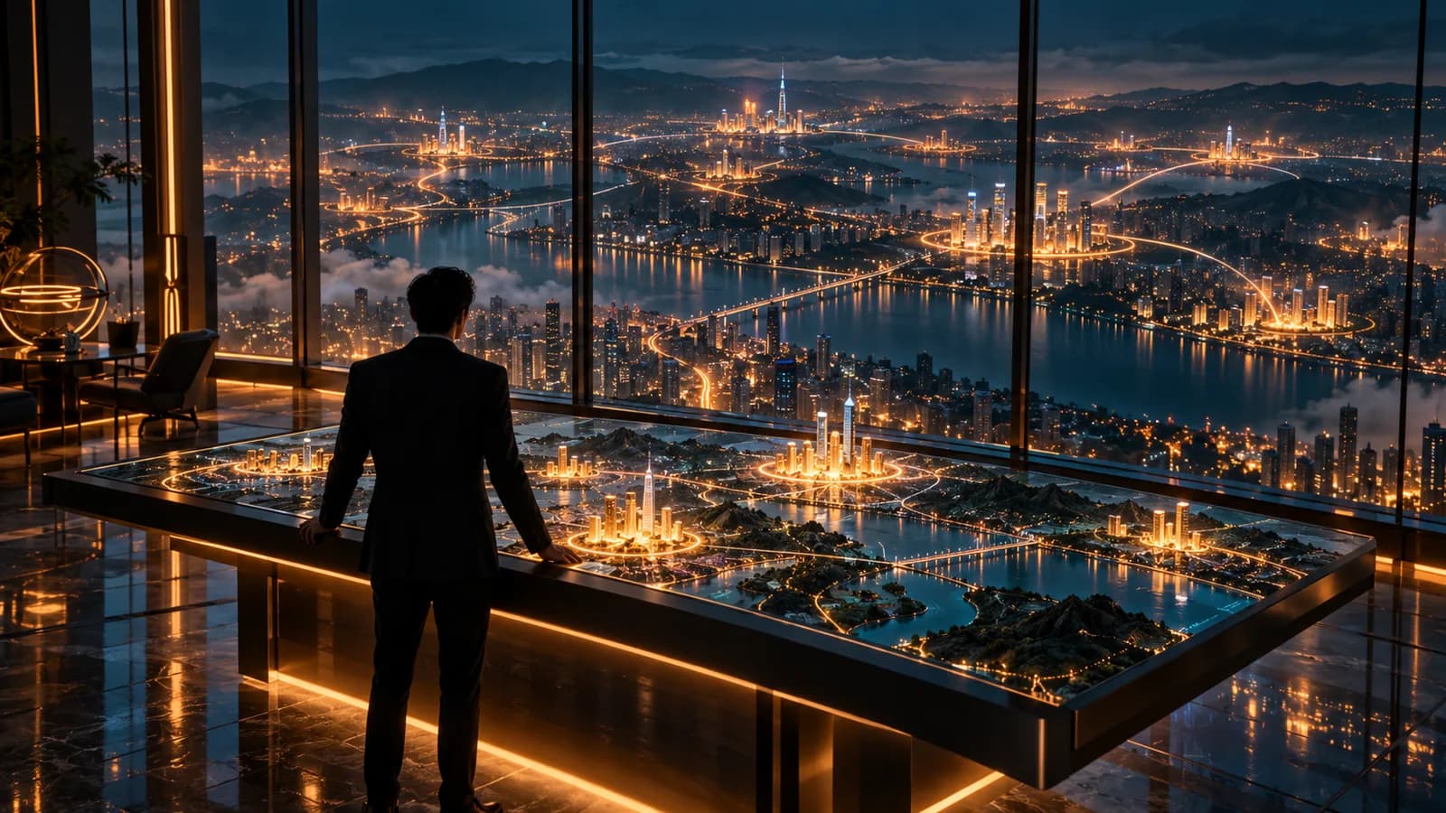 Sala acristalada en lo alto de un edificio de noche con un hombre de traje de espaldas frente a una maqueta iluminada de la ciudad, que refleja la vista real por la ventana