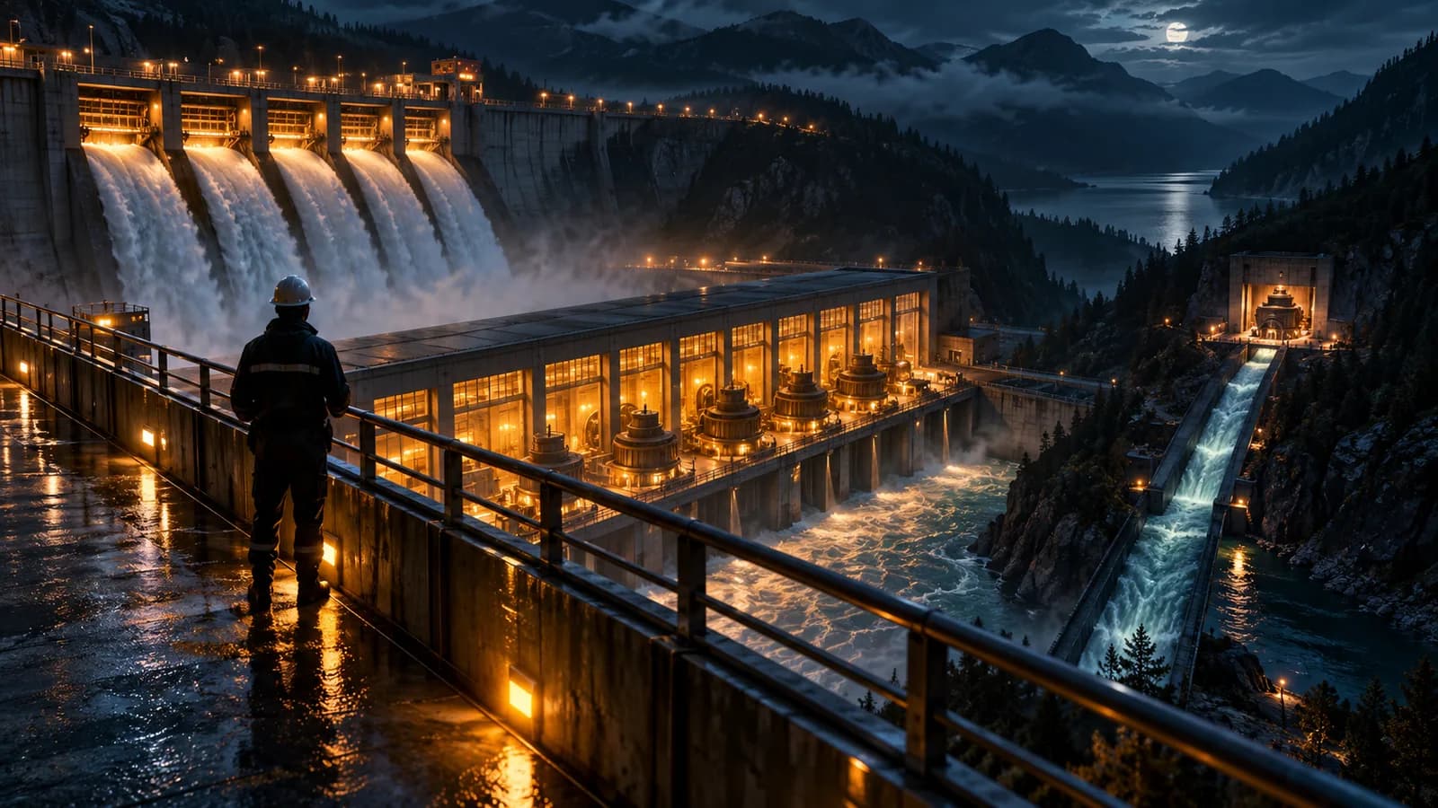 Usina hidrelétrica à noite com o vertedouro aberto e a casa de força iluminada em âmbar no vale, enquanto um técnico de capacete observa de costas numa passarela molhada