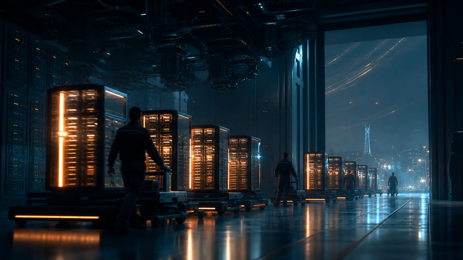 Archive vault at night where rows of glowing record modules are wheeled out on carts through a tall doorway, while the overhead machinery that operated them stays bolted to the ceiling, dark and powered down