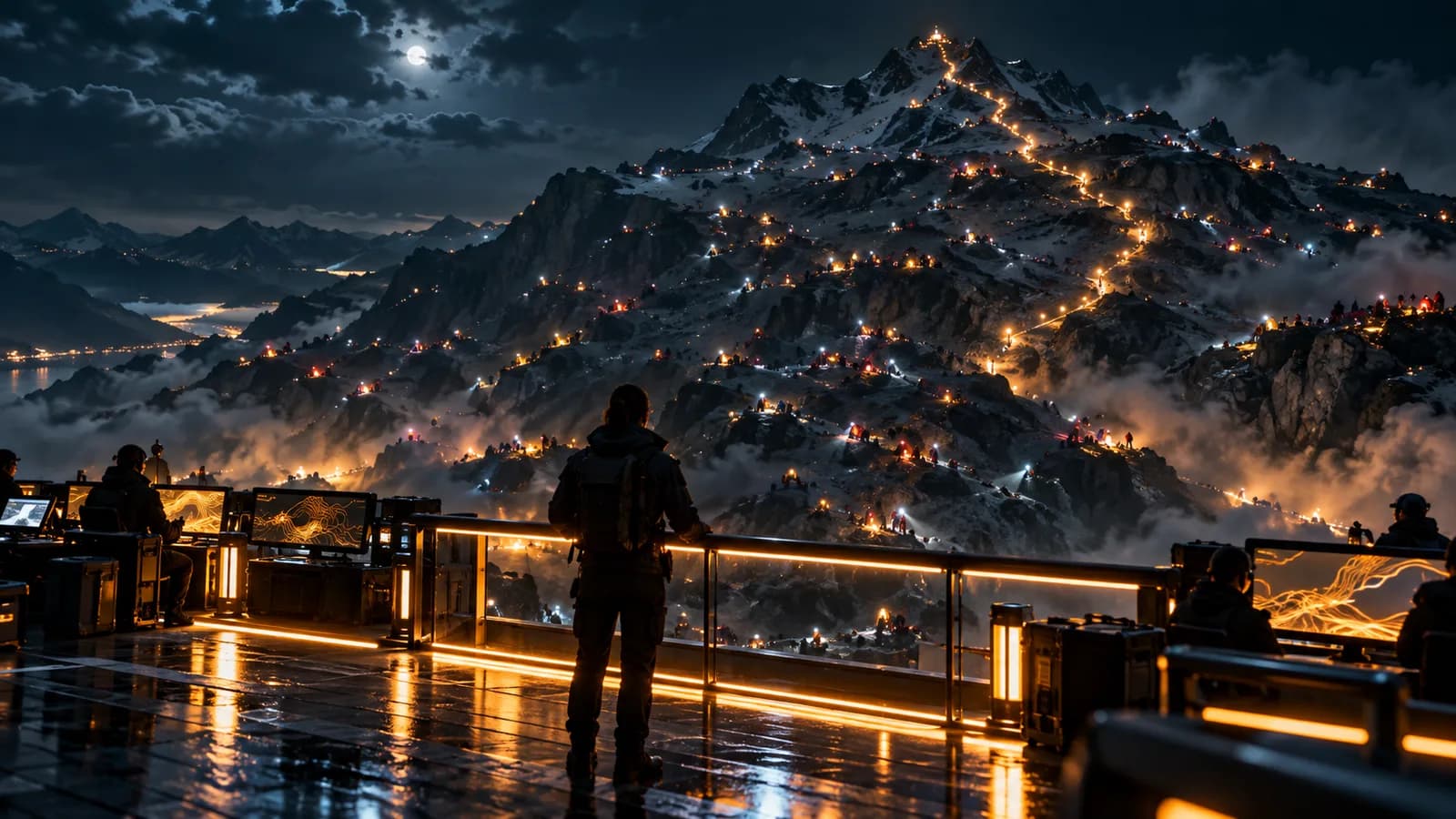 Montaña nevada de noche con un sendero de puntos de luz ámbar que sube hasta la cumbre, observado de espaldas por un hombre en un mirador con paneles iluminados