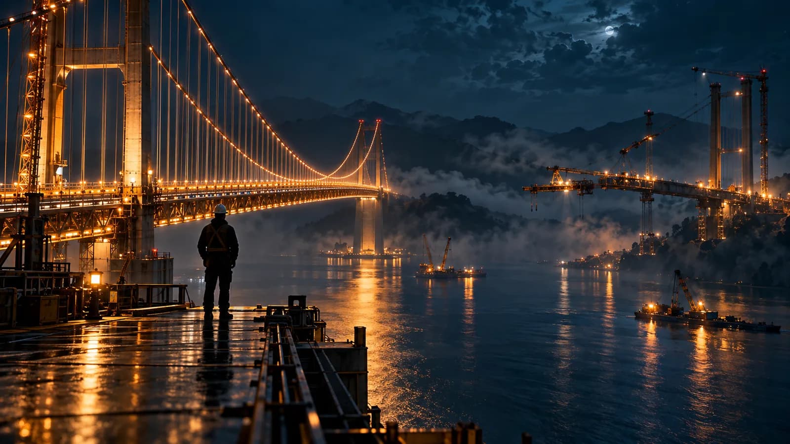 Suspension bridge under construction over a river at night, the near span finished and lit in amber while the far side is still incomplete among cranes and haze, as an engineer seen from behind watches from the end of the deck