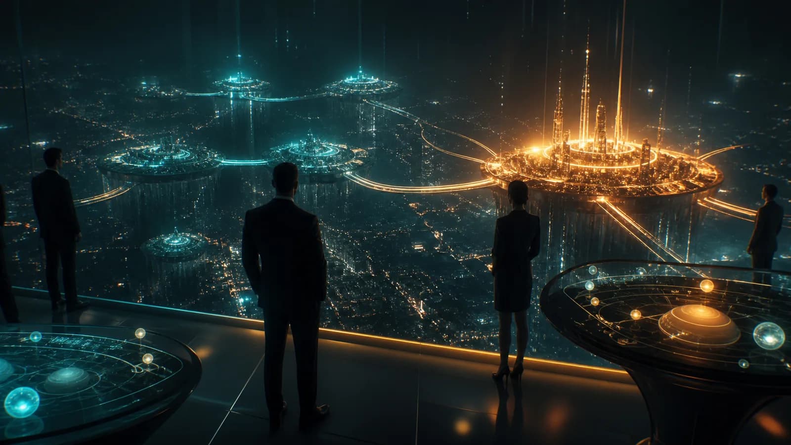 Vista noturna do alto sobre várias ilhas de projeto flutuantes ligadas por fios de luz, a maioria em azul frio e apenas uma acesa em âmbar intenso, com pessoas de costas observando de um mirante