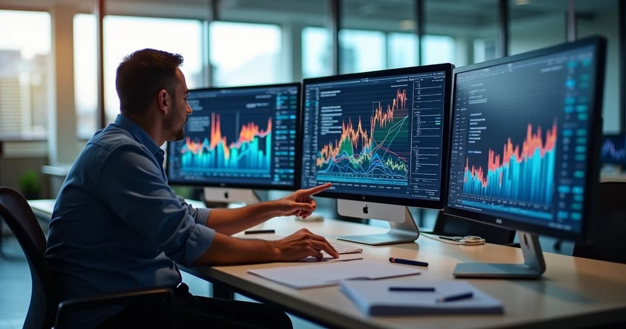 Analista aponta para gráficos e dashboards de dados em três monitores lado a lado