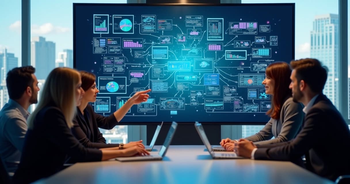 Equipe reunida em sala de reunião diante de um telão com fluxos, gráficos e diagramas de dados