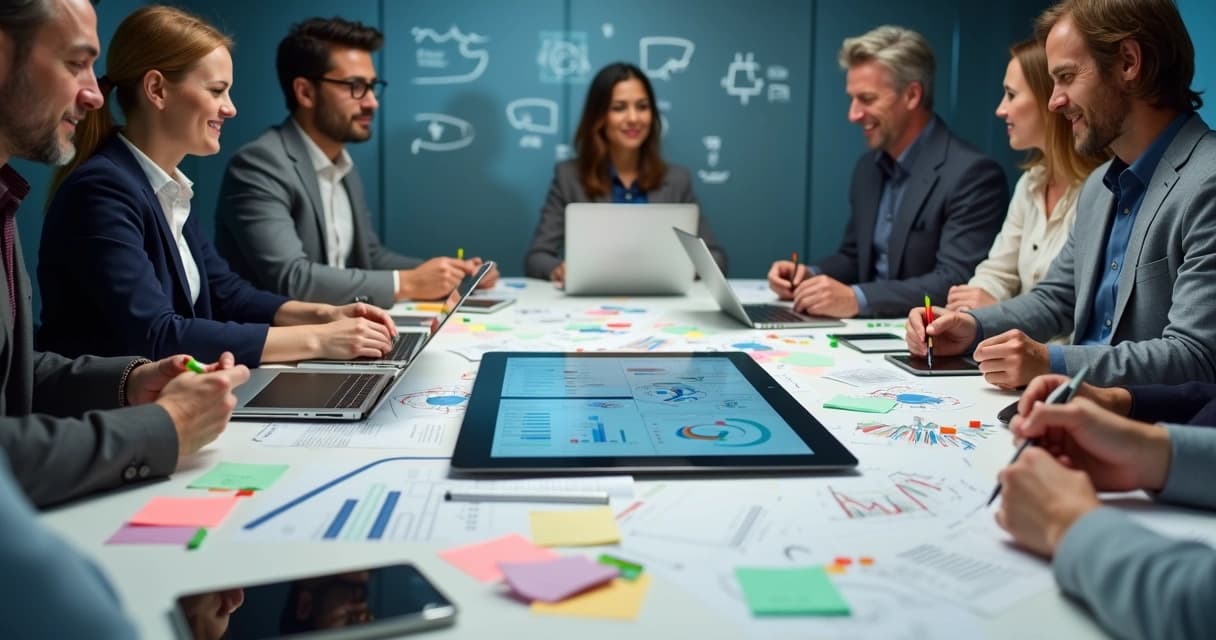 Equipe reunida em torno de uma mesa coberta de post-its, gráficos impressos e laptops, com um tablet ao centro exibindo painéis de indicadores
