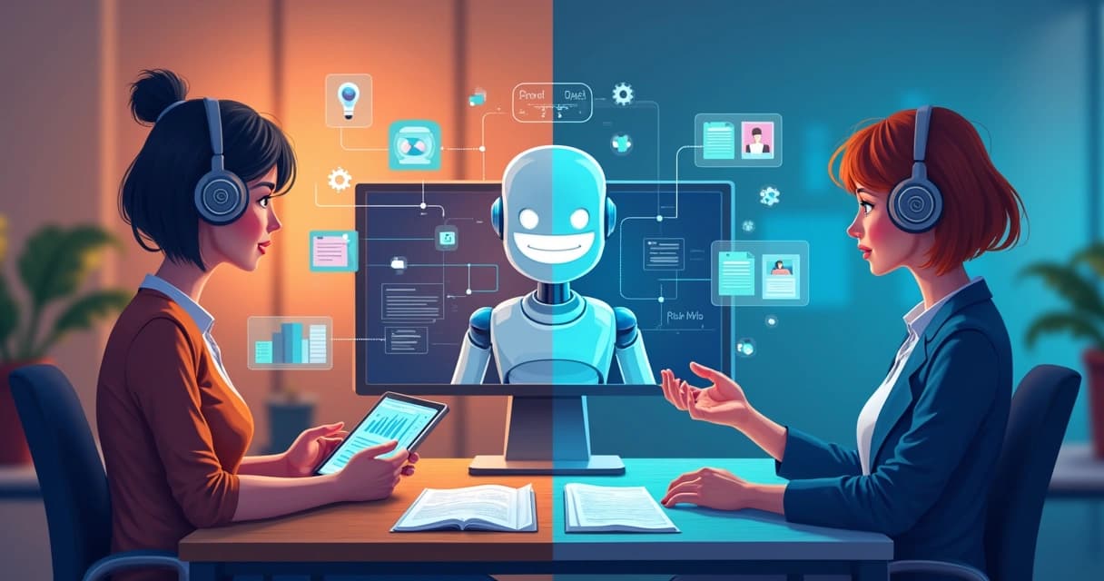 Ilustração de duas atendentes com headset em lados opostos de um monitor que exibe um robô sorridente, cercadas por ícones de fluxos de trabalho