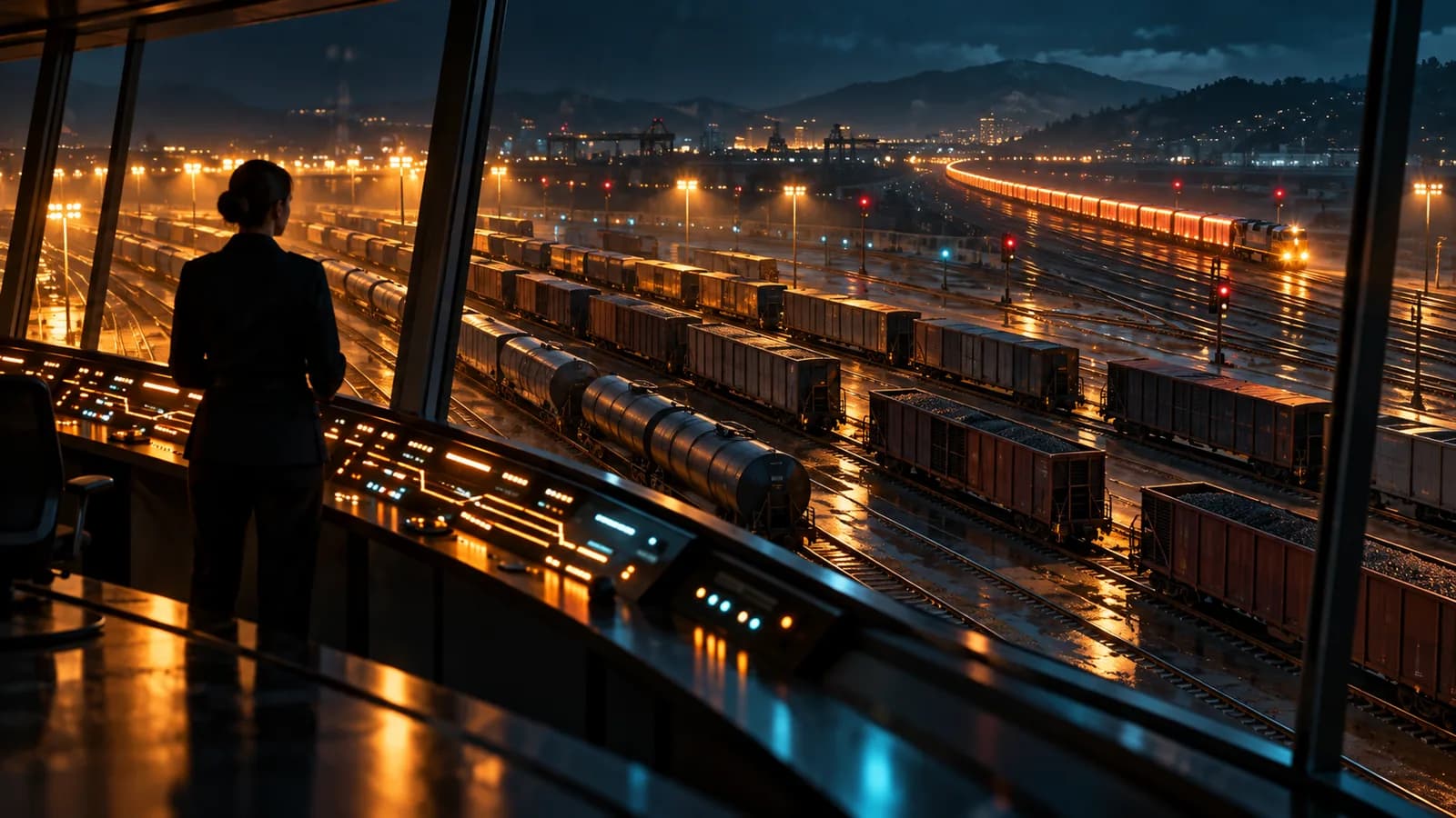 Rail control tower at night with a manager seen from behind at the console, looking over a freight yard with lined-up wagons and a lit train arriving in the distance