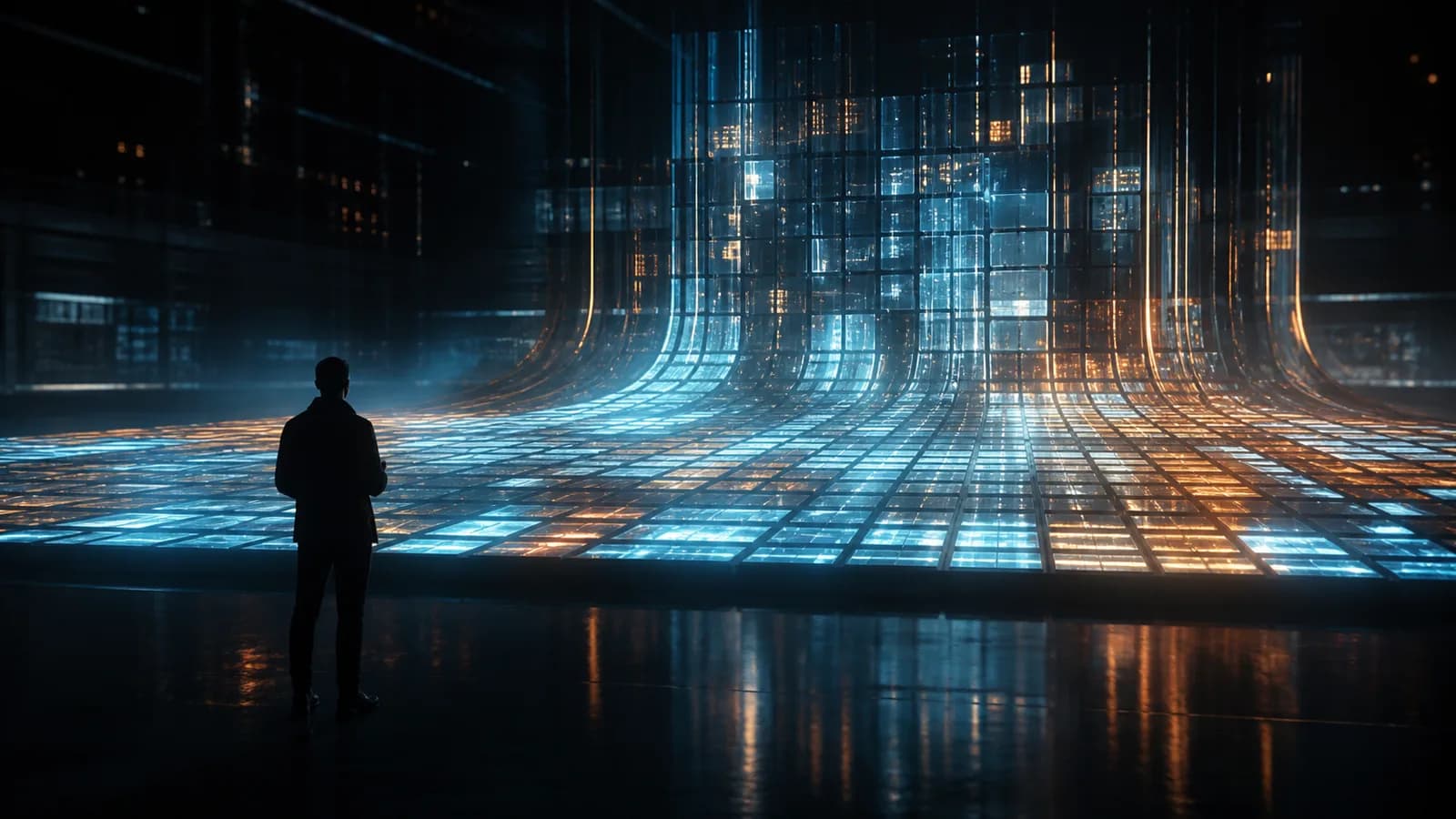 Glowing grid of spreadsheet cells stretching across the floor of a dark hall and curving upward at the far end into a vertical architecture of modules and columns of light, with an operations lead seen from behind, watching