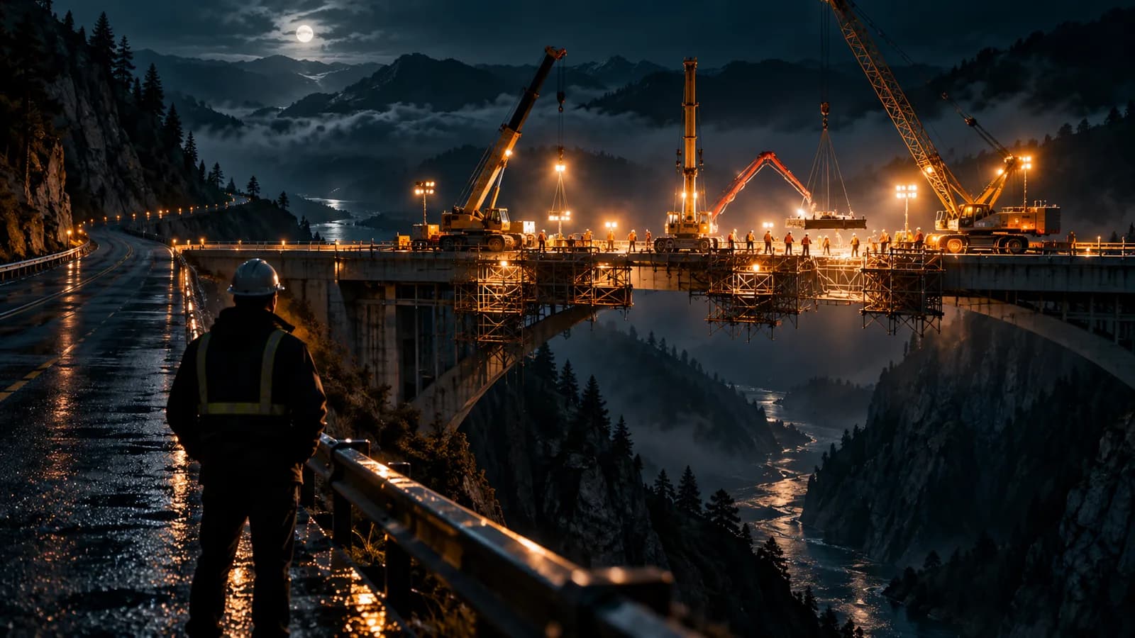 Viaduto em construção à noite sobre um vale enevoado, com vários guindastes erguendo peças ao mesmo tempo sob luz âmbar, enquanto um operário de capacete observa de costas na estrada molhada
