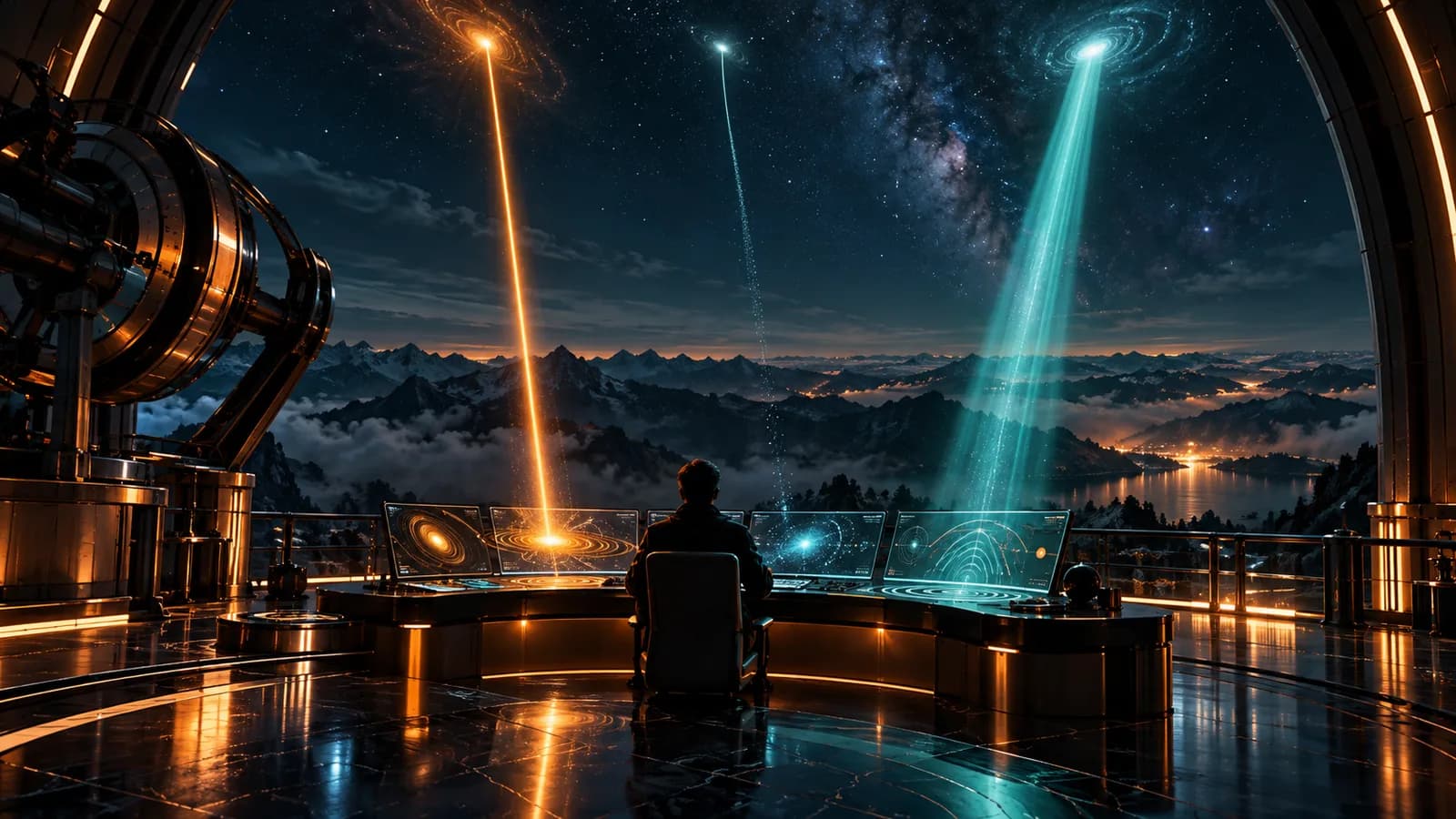 Mountaintop observatory at night, with a person seen from behind at a curved console and three beams of light coming down from the sky: an amber one landing right on the console, a thin teal one fading along the way and a wide, steady teal one