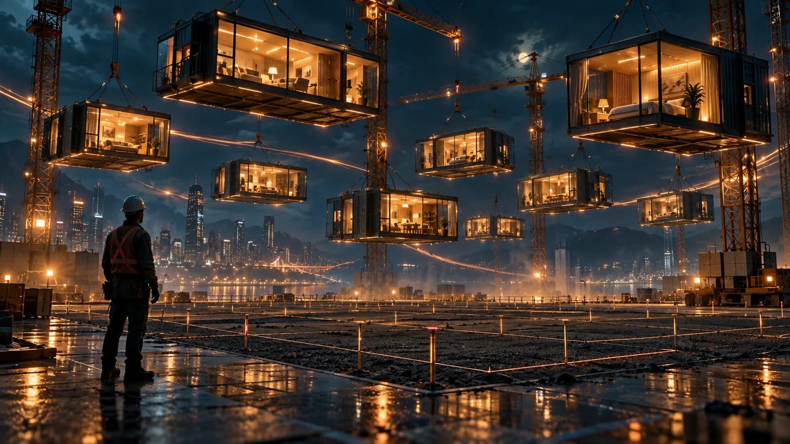 Construction site at night with lit modular building units hanging from cranes above a foundation grid marked on the ground, and a worker in a reflective vest watching from behind