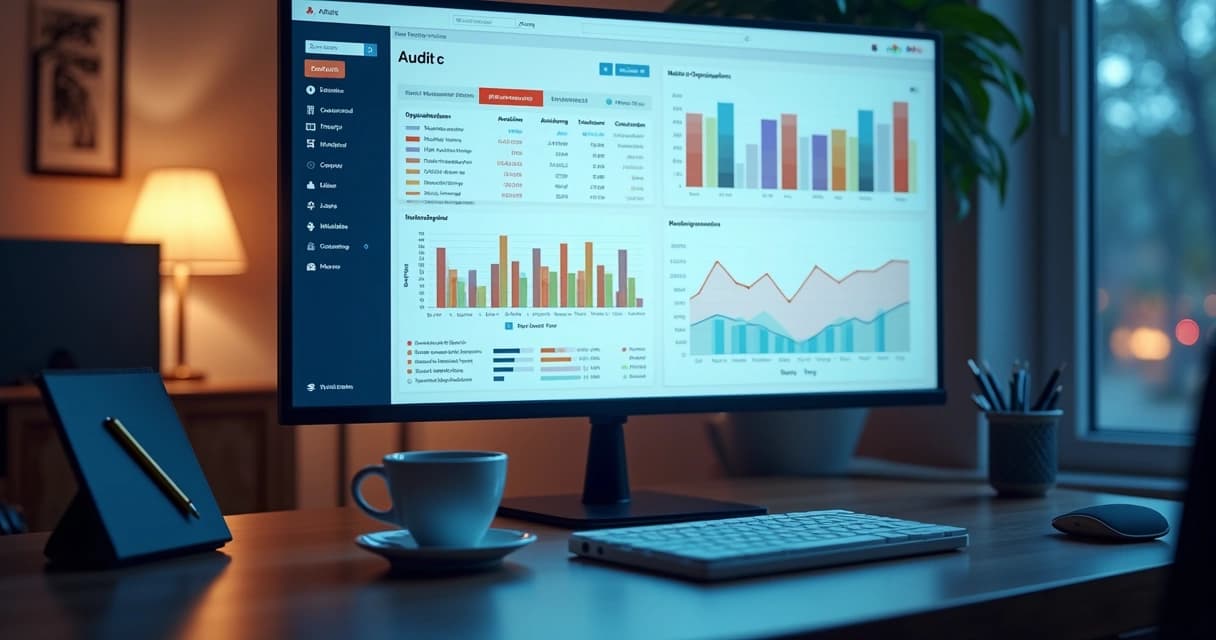 Monitor exibindo um dashboard de auditoria com tabelas de eventos e gráficos