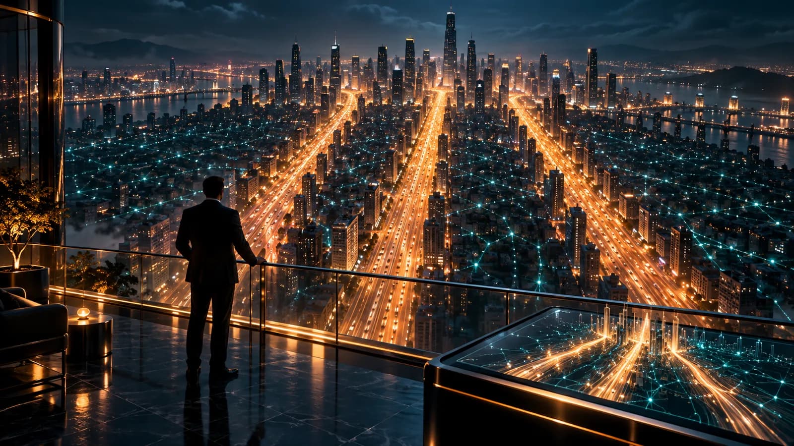 Gestor de costas no terraço de vidro de um prédio alto, à noite, olhando a cidade lá embaixo, onde três avenidas largas de luz âmbar concentram o tráfego e centenas de ruas estreitas se ramificam em pontos teal