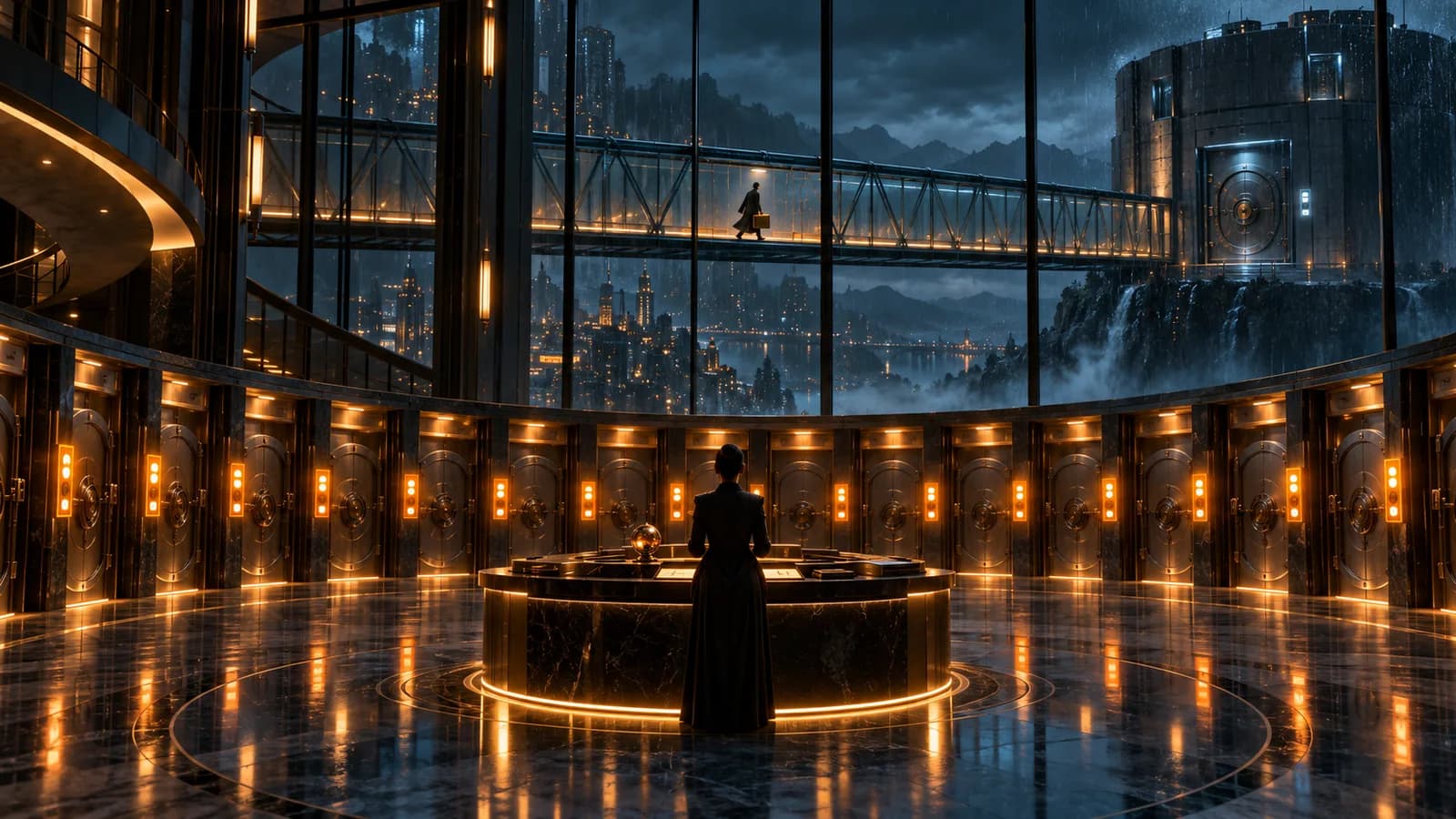 Vault-like hall at night lined with lit locker doors, a woman seen from behind at a round central console, and a figure crossing a high walkway toward a fortified building outside