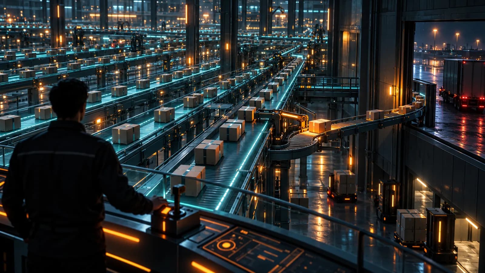 Sorting facility at night with long conveyor lines of parcels lit in teal and amber, watched from behind by an operator at a control console, with a truck at the loading dock