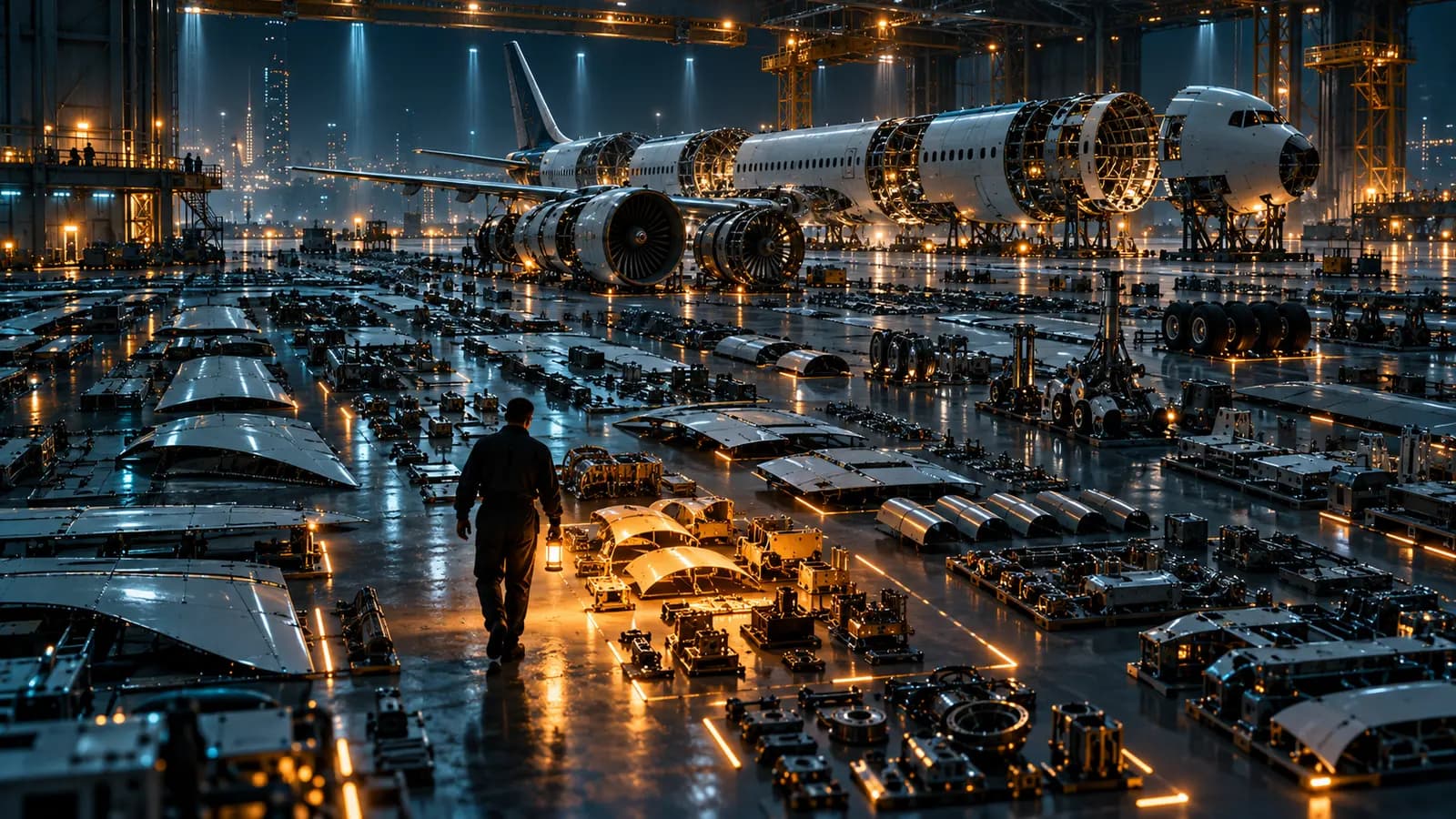 Night restoration hangar where a dismantled airliner rests in sections while thousands of its parts lie in orderly rows across the wet, reflective floor, and a lone inspector seen from behind walks between them with an amber lantern lighting a small group of parts