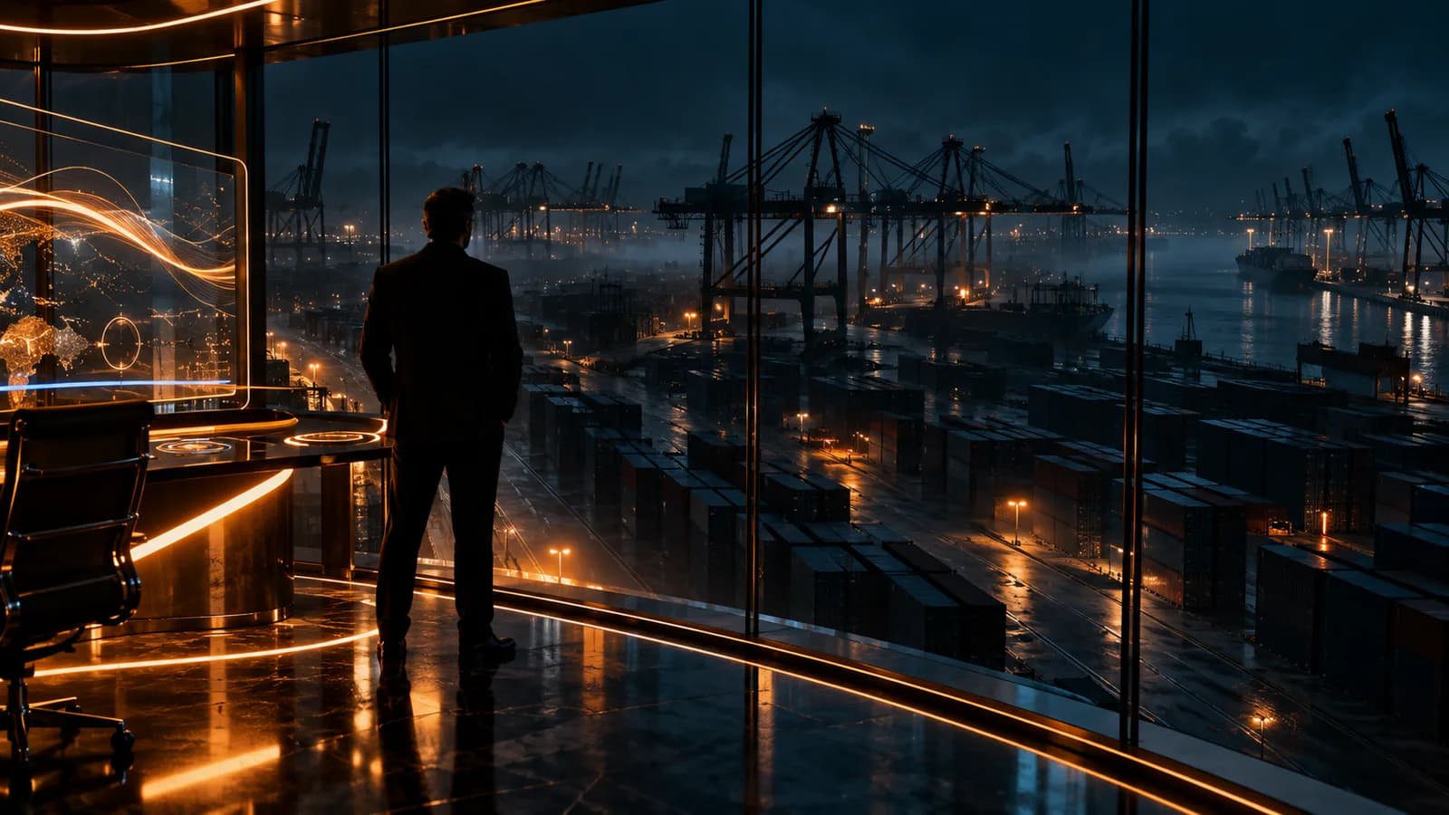 Glass office at night with a man in a suit seen from behind looking out over a dark container port with idle cranes, while flowing lines of light play across a nearby panel